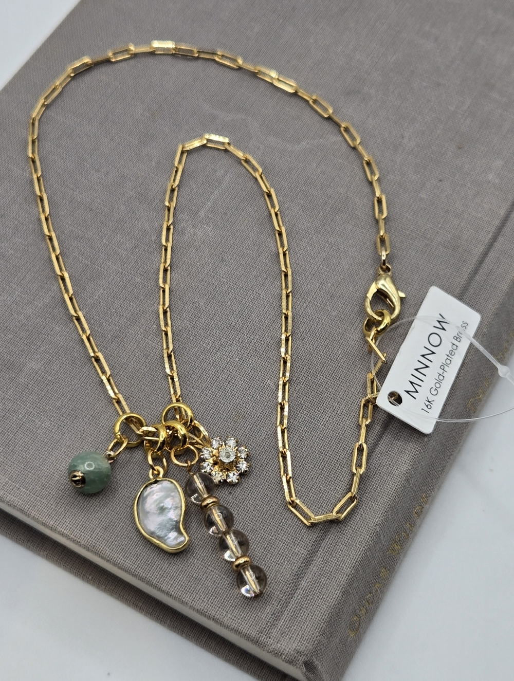 Baroque Pearl Jade Charm Gold Paper Clip Chain necklace CZ Flower Dainty